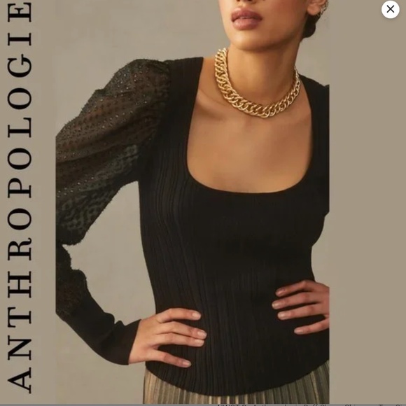 Anthropologie Tops - Anthropologie Puff Sleeve Shimmer Sweater Ribbed Sz M